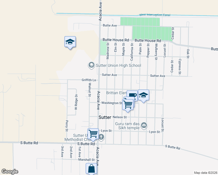map of restaurants, bars, coffee shops, grocery stores, and more near 2417 Madrone Street in Sutter
