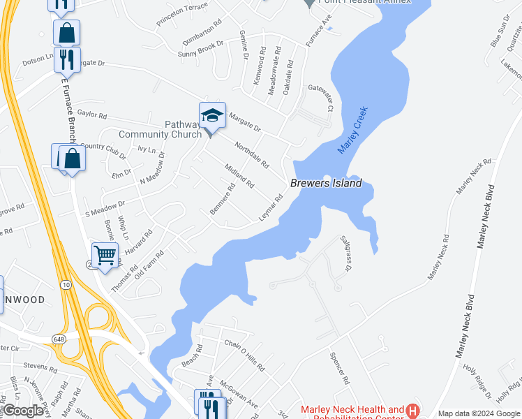 map of restaurants, bars, coffee shops, grocery stores, and more near 7868 Leymar Road in Glen Burnie