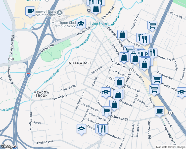map of restaurants, bars, coffee shops, grocery stores, and more near 217 Oak Lane Southwest in Glen Burnie
