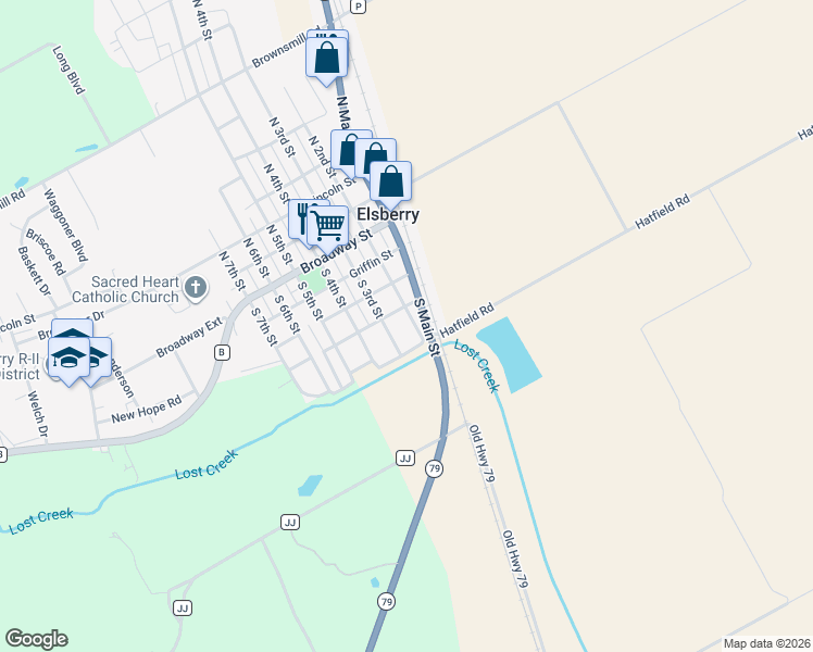 map of restaurants, bars, coffee shops, grocery stores, and more near 407 South 2nd Street in Elsberry