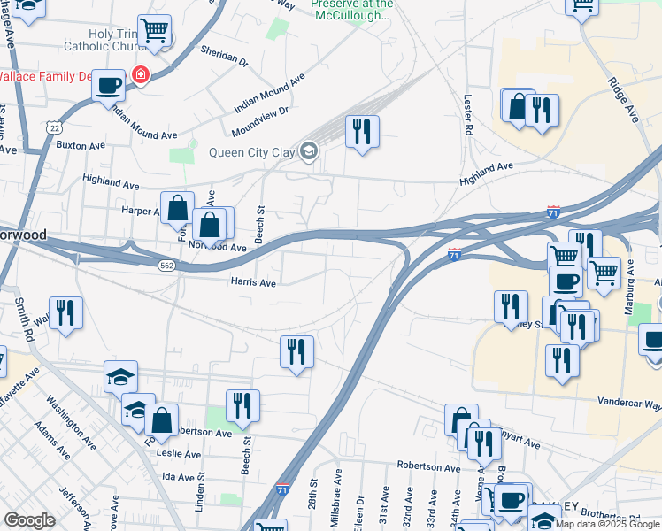 map of restaurants, bars, coffee shops, grocery stores, and more near 2765 Norwood Avenue in Cincinnati