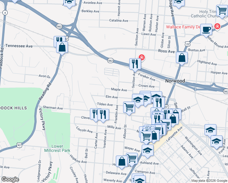 map of restaurants, bars, coffee shops, grocery stores, and more near 1909 Maple Avenue in Cincinnati
