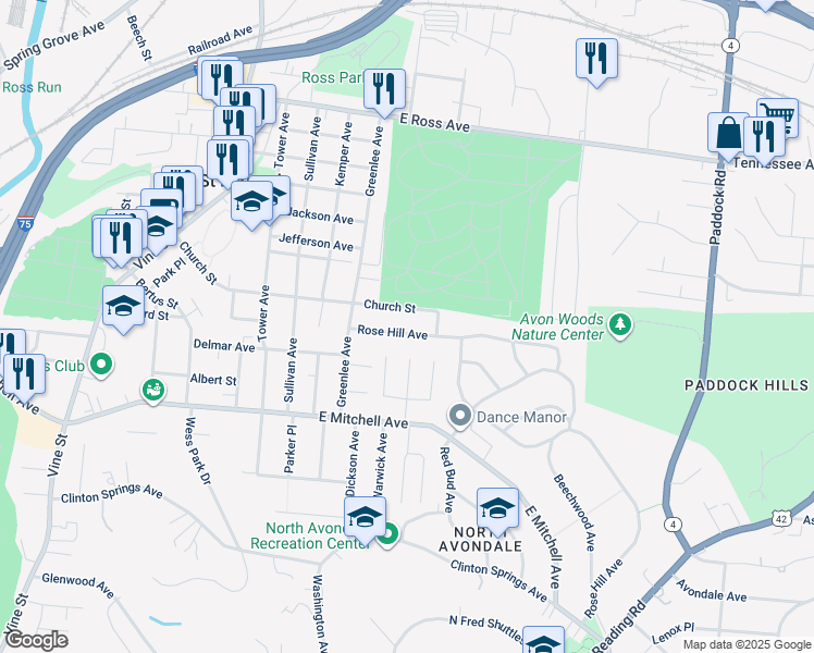 map of restaurants, bars, coffee shops, grocery stores, and more near 553 Church Street in Cincinnati