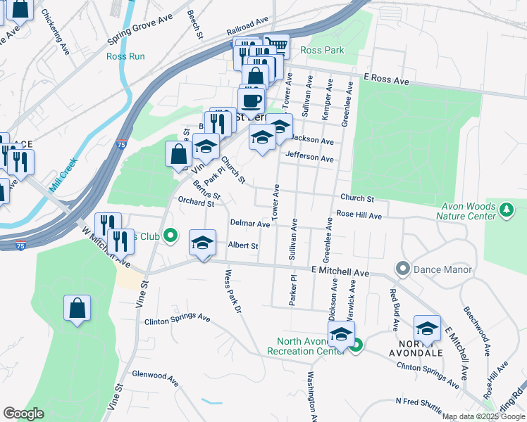map of restaurants, bars, coffee shops, grocery stores, and more near 169 Meadow Avenue in Cincinnati