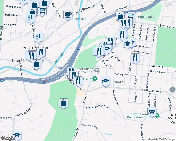 map of restaurants, bars, coffee shops, grocery stores, and more near 12 Kessler Place in Cincinnati