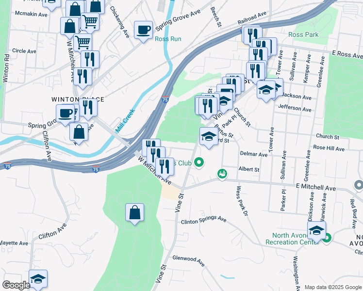 map of restaurants, bars, coffee shops, grocery stores, and more near 12 Kessler Place in Cincinnati