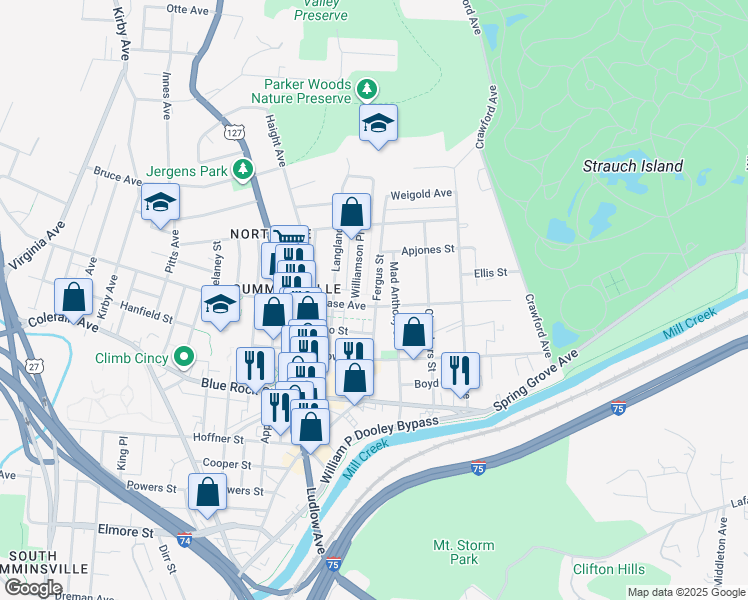map of restaurants, bars, coffee shops, grocery stores, and more near 4210 Williamson Place in Cincinnati
