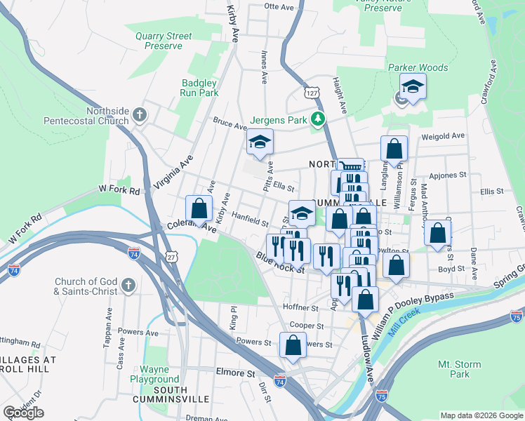 map of restaurants, bars, coffee shops, grocery stores, and more near 1739 Jester Street in Cincinnati