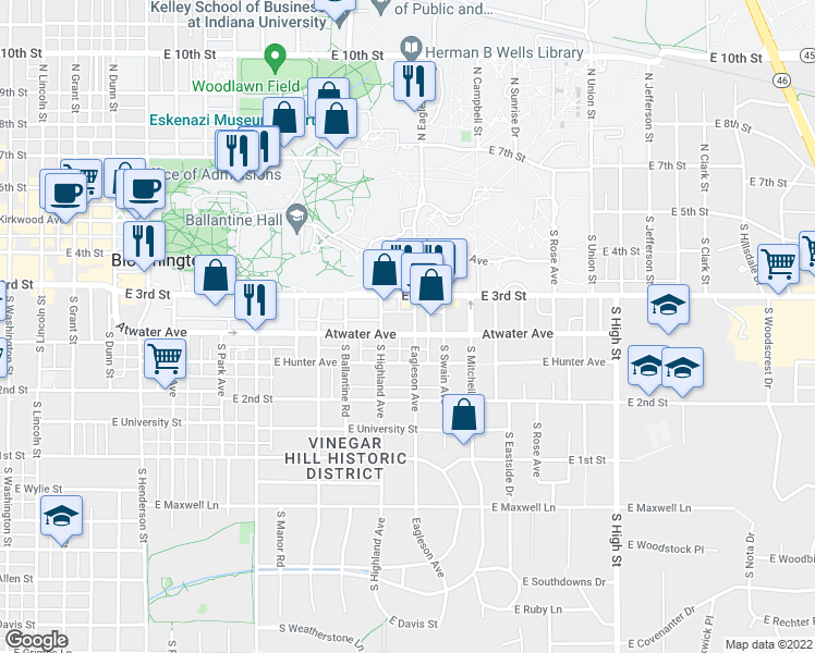 map of restaurants, bars, coffee shops, grocery stores, and more near 322 1/2 South Jordan Avenue in Bloomington
