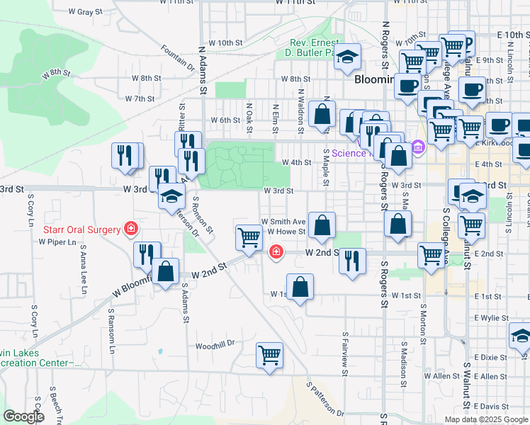 map of restaurants, bars, coffee shops, grocery stores, and more near 329 South Davisson Street in Bloomington