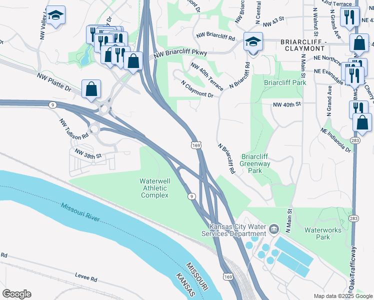 map of restaurants, bars, coffee shops, grocery stores, and more near 3810 North Mulberry Drive in Kansas City