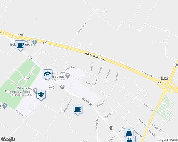 map of restaurants, bars, coffee shops, grocery stores, and more near 401 Delany Court in Berryville