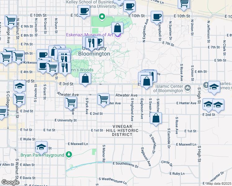 map of restaurants, bars, coffee shops, grocery stores, and more near 1103 Atwater Avenue in Bloomington
