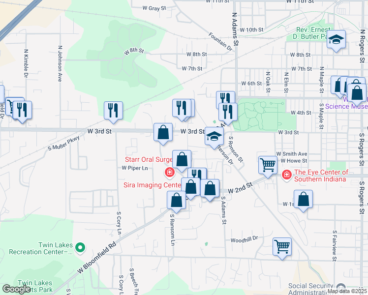 map of restaurants, bars, coffee shops, grocery stores, and more near 454 South Westplex Avenue in Bloomington