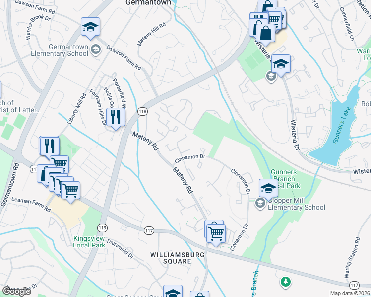 map of restaurants, bars, coffee shops, grocery stores, and more near 12925 Poppy Seed Court in Germantown