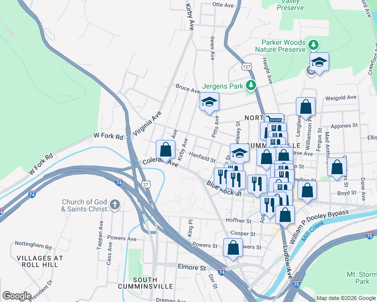 map of restaurants, bars, coffee shops, grocery stores, and more near 1768 Hanfield Street in Cincinnati