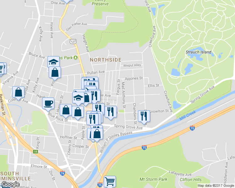 map of restaurants, bars, coffee shops, grocery stores, and more near 4205 Fergus Street in Cincinnati
