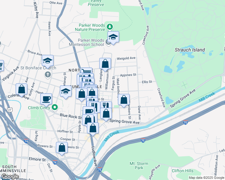 map of restaurants, bars, coffee shops, grocery stores, and more near 4205 Fergus Street in Cincinnati