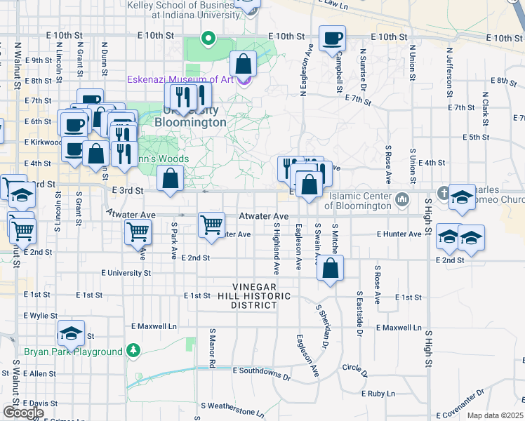 map of restaurants, bars, coffee shops, grocery stores, and more near 1215 Atwater Avenue in Bloomington