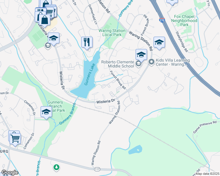 map of restaurants, bars, coffee shops, grocery stores, and more near 12204 Eagles Nest Court in Germantown