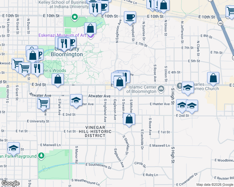 map of restaurants, bars, coffee shops, grocery stores, and more near 322 South Swain Avenue in Bloomington