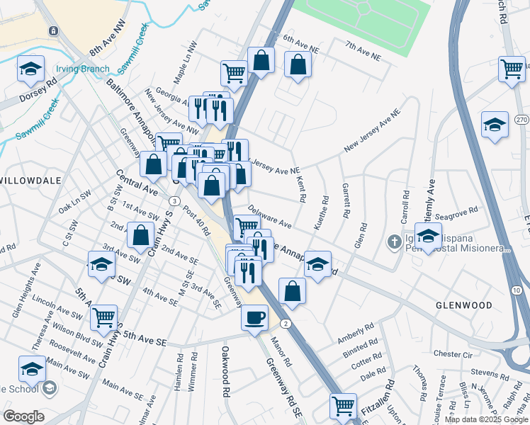 map of restaurants, bars, coffee shops, grocery stores, and more near 306 Delaware Avenue in Glen Burnie