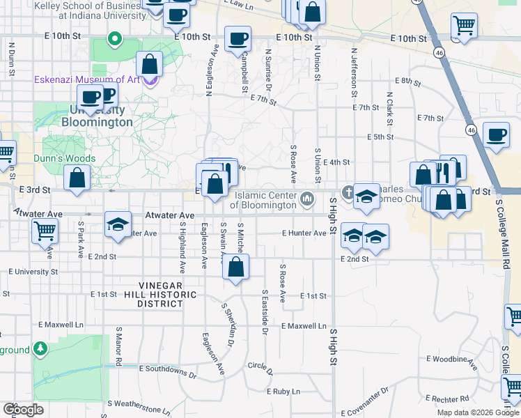 map of restaurants, bars, coffee shops, grocery stores, and more near 314 South Arbutus Drive in Bloomington