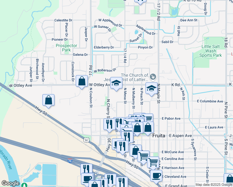 map of restaurants, bars, coffee shops, grocery stores, and more near 353 North Mesa Street in Fruita