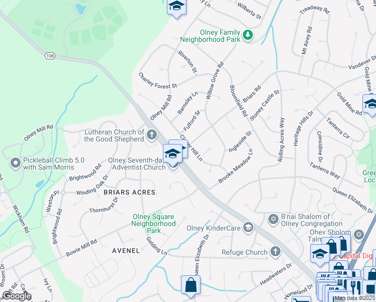 map of restaurants, bars, coffee shops, grocery stores, and more near 4100 Briars Road in Olney