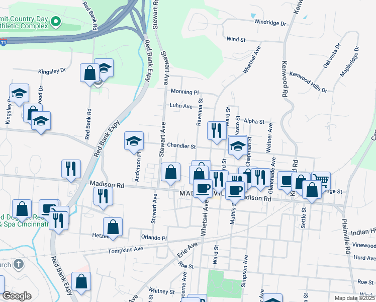 map of restaurants, bars, coffee shops, grocery stores, and more near 5715 Chandler Street in Cincinnati