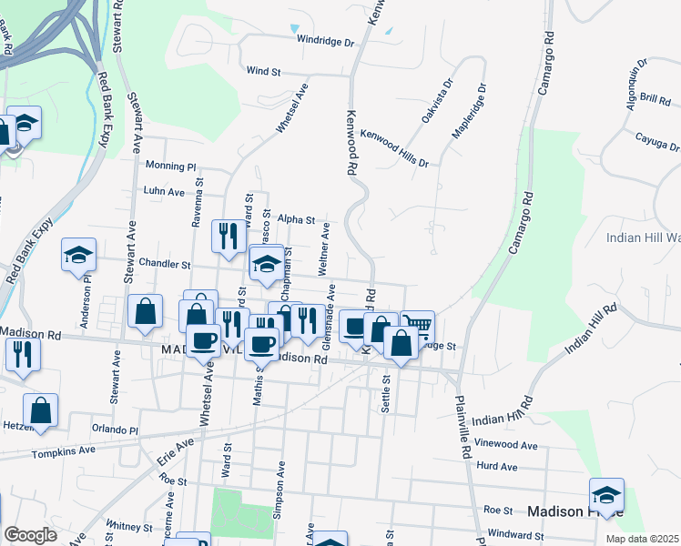 map of restaurants, bars, coffee shops, grocery stores, and more near 6306 Chandler Street in Cincinnati