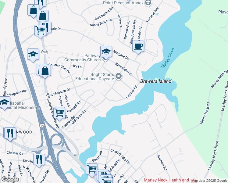 map of restaurants, bars, coffee shops, grocery stores, and more near 10 Southfield Road in Glen Burnie