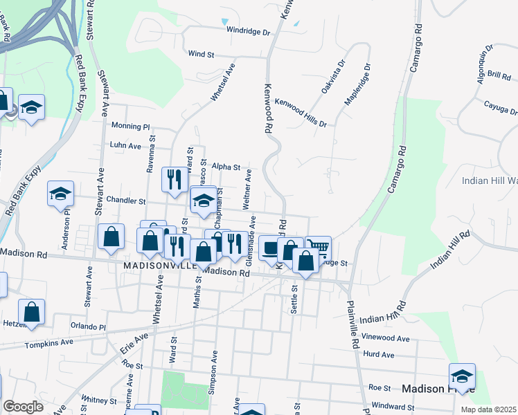 map of restaurants, bars, coffee shops, grocery stores, and more near 6306 Chandler Street in Cincinnati
