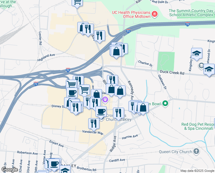 map of restaurants, bars, coffee shops, grocery stores, and more near 5029 Ridge Avenue in Cincinnati