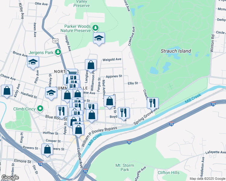 map of restaurants, bars, coffee shops, grocery stores, and more near 1326 Chase Avenue in Cincinnati