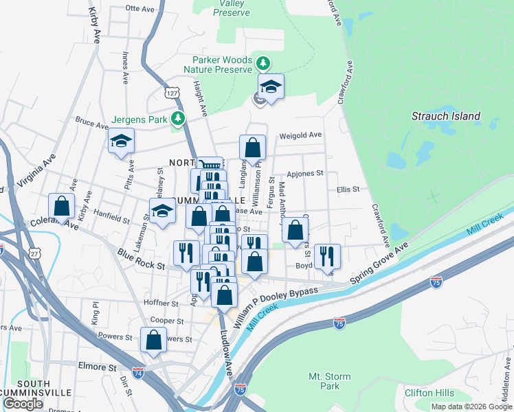 map of restaurants, bars, coffee shops, grocery stores, and more near 4210 Williamson Place in Cincinnati