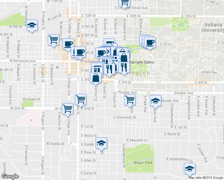 map of restaurants, bars, coffee shops, grocery stores, and more near 330 South Dunn Street in Bloomington