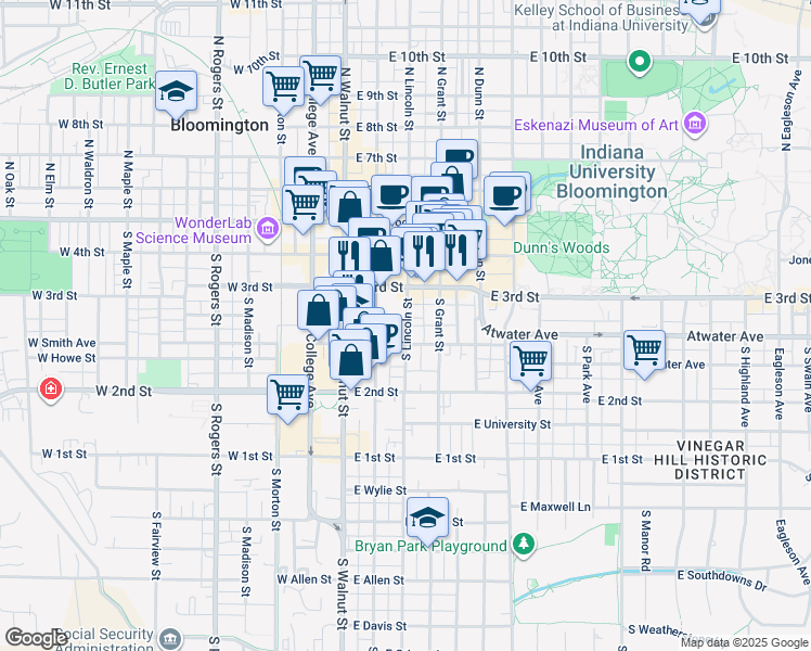 map of restaurants, bars, coffee shops, grocery stores, and more near 339 South Lincoln Street in Bloomington