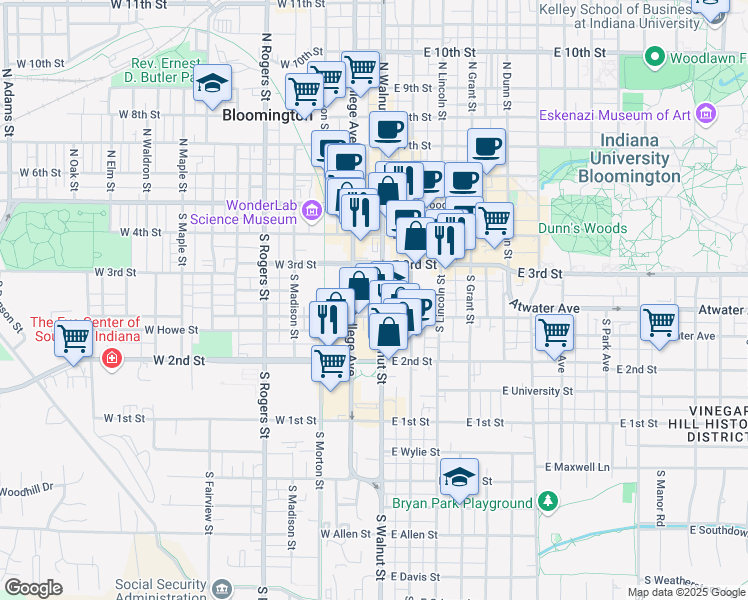 map of restaurants, bars, coffee shops, grocery stores, and more near 325 South Walnut Street in Bloomington