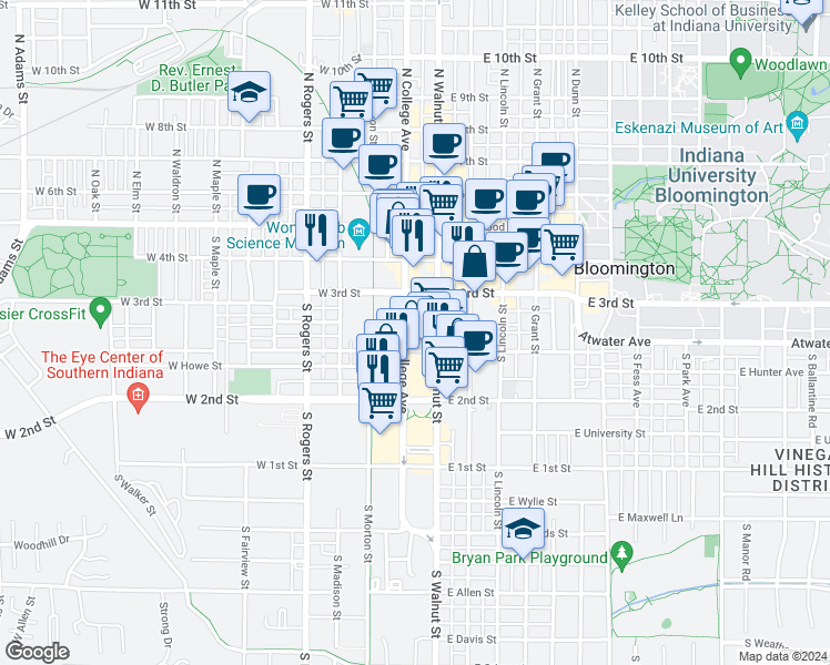 map of restaurants, bars, coffee shops, grocery stores, and more near 343 South College Avenue in Bloomington