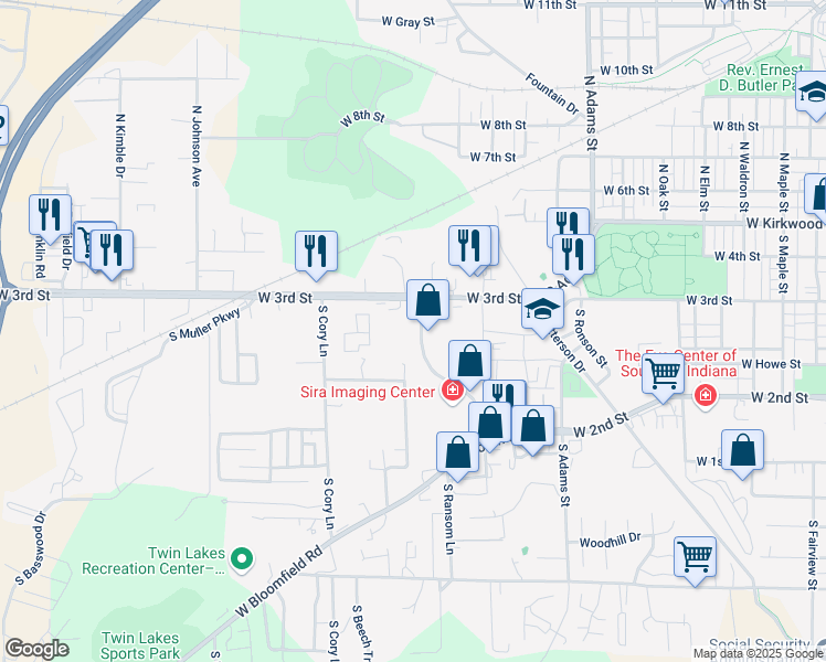 map of restaurants, bars, coffee shops, grocery stores, and more near 345 South Landmark Avenue in Bloomington