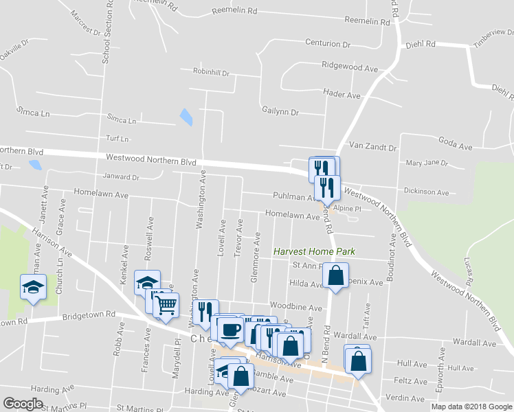 map of restaurants, bars, coffee shops, grocery stores, and more near 3702 Homelawn Avenue in Cincinnati