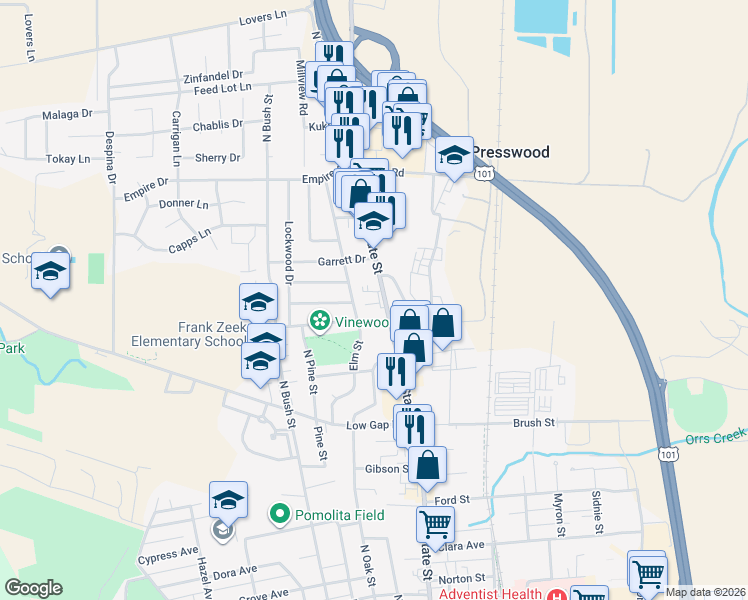 map of restaurants, bars, coffee shops, grocery stores, and more near 1070 North State Street in Ukiah
