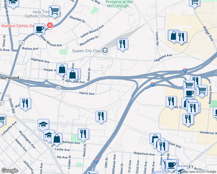 map of restaurants, bars, coffee shops, grocery stores, and more near 2765 Norwood Avenue in Cincinnati