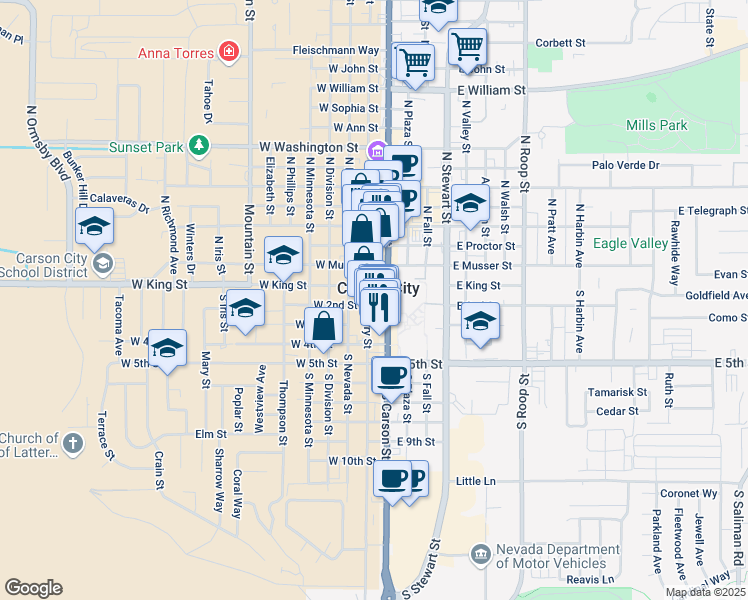 map of restaurants, bars, coffee shops, grocery stores, and more near 100 West 2nd Street in Carson City