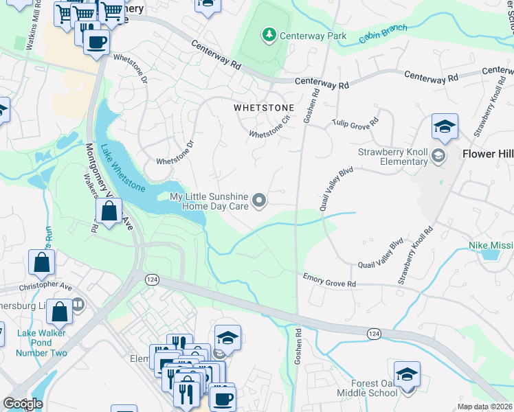 map of restaurants, bars, coffee shops, grocery stores, and more near 18714 Severn Road in Gaithersburg