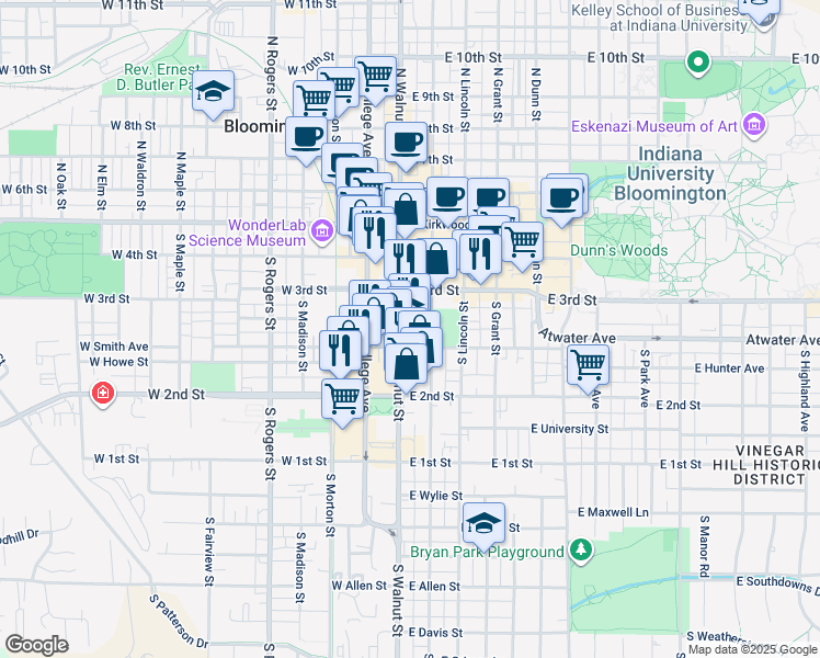 map of restaurants, bars, coffee shops, grocery stores, and more near 321 South Walnut Street in Bloomington
