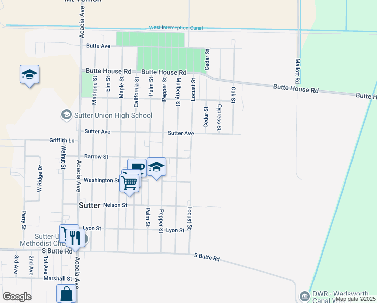 map of restaurants, bars, coffee shops, grocery stores, and more near 2418 Locust Street in Sutter