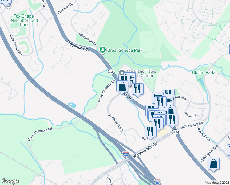 map of restaurants, bars, coffee shops, grocery stores, and more near 4 Professional Drive in Gaithersburg