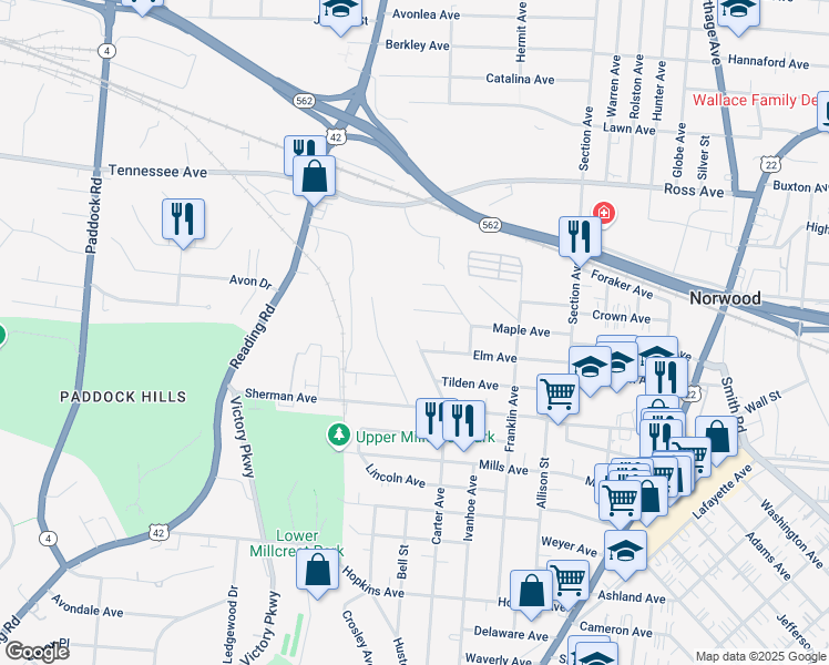 map of restaurants, bars, coffee shops, grocery stores, and more near 4650 Carter Avenue in Cincinnati